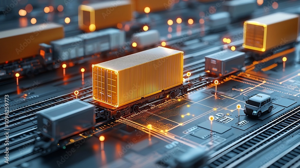 Poster Radiant shipping box glowing on a futuristic digital grid network representing global connectivity and advanced logistics technology  The box is illuminated with bright nodes forming an abstract