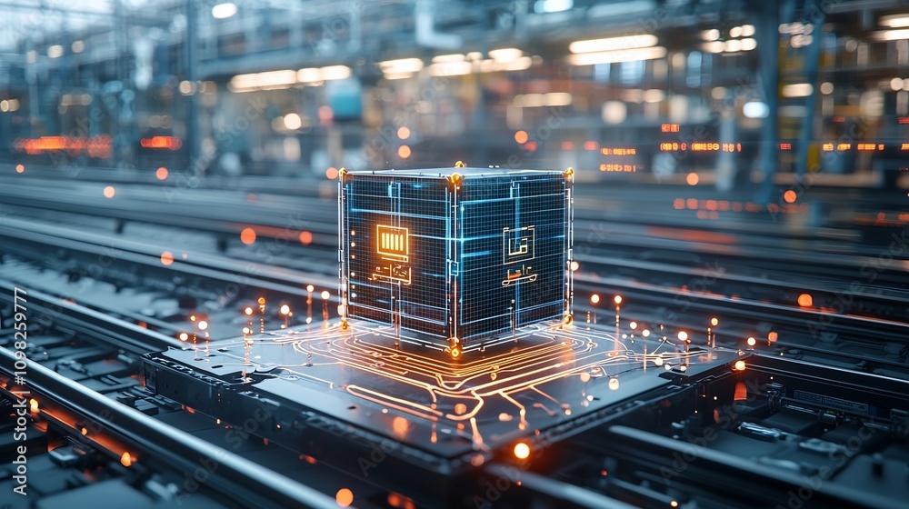 Poster Radiant glowing shipping box on a rail network with a digital grid of pin nodes forming a futuristic infrastructure for global connectivity and data communication