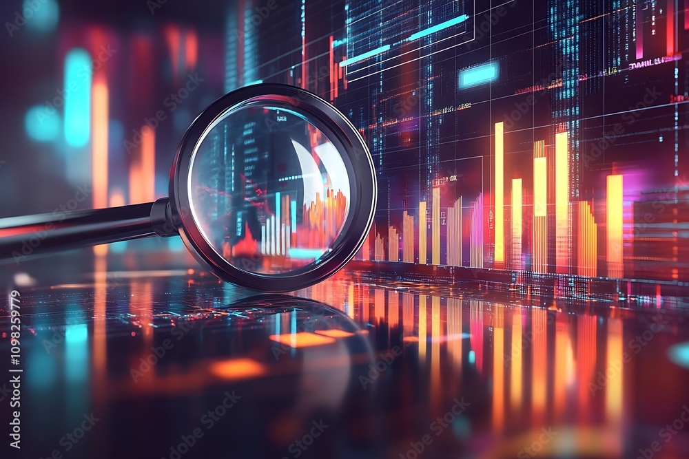Poster a magnifying glass over a digital data visualization with colorful graphs and charts.