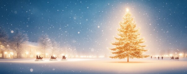 Fototapeta premium Magical Christmas Eve Snow Scene with Illuminated Christmas Tree