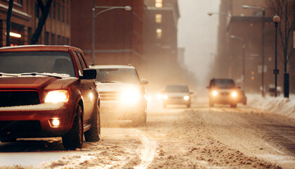 cars driving on snow-covered road in urban evening