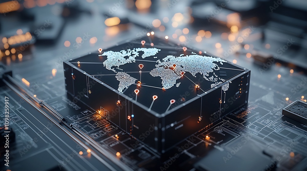 Poster Glowing World Map Design on a Modern Shipping Container Resting Atop an Illuminated Rail with Interconnected Pin Shaped Nodes Symbolizing Global Trade Logistics and Digital Connectivity