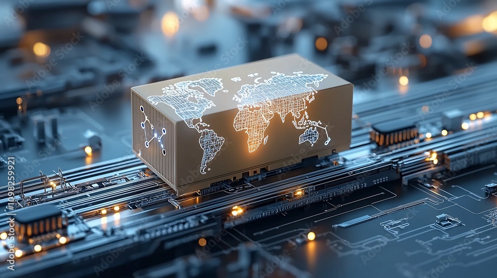 Poster A modern shipping box with a glowing world map design resting on an illuminated rail system with interconnected pin shaped nodes representing the global transportation and logistics industry