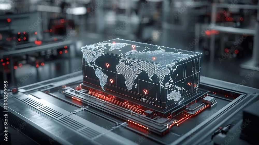 Poster Luminous World Map Design Printed on Shipping Box Placed on High Tech Rail Surrounded by Glowing Pin Shaped Network Nodes Representing Global Connectivity and Logistics