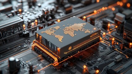 A luminous and futuristic world map design displayed on a shipping box placed on a high tech rail surrounded by glowing pin shaped network nodes