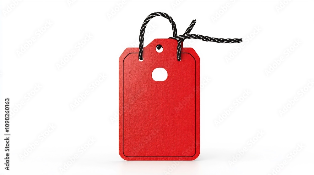 Poster Vibrant red glossy tag with smooth surface and secure tie isolated on a clean transparent background perfect for labeling organization branding and retail applications