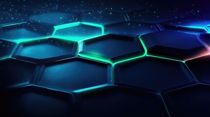 Fototapeta premium Futuristic hexagonal data grid, glowing blue and green, floating over a dark background with digital particles