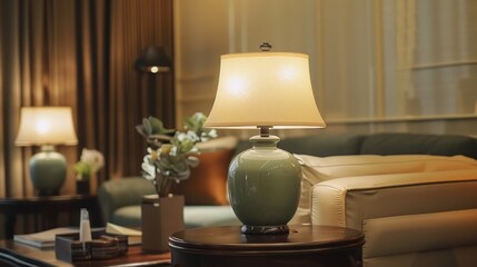 Sophisticated luxury lamp with black wooden base, jade ceramic body, and elegant white shade design