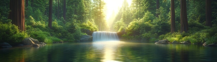 Naklejka premium Serene Waterfall in Lush Forest at Sunrise.