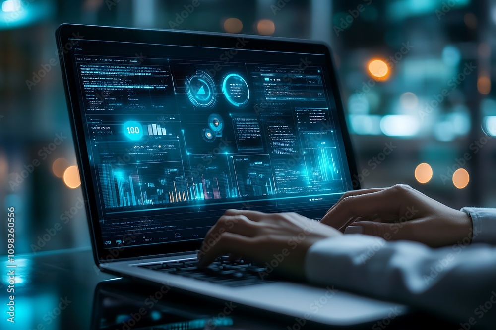 Poster a person typing on a laptop displaying futuristic data analytics and visualizations.