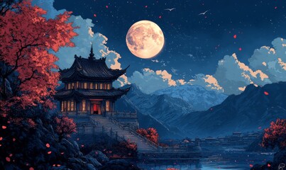 beautiful tibet night scene wallpaper background, in the style of gothic illustration, surrealistic elements, religious building, cherry blossoms, view of chinese temple