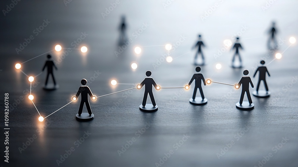 Poster shadowed figures of team members linked through illuminated dots and lines symbolizing professional 