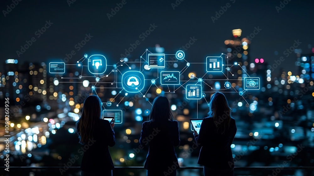 Aufkleber Interconnected Silhouettes of Business Professionals in a Dynamic Network of Communication and the Digital and Technological Aspect of Corporate Teamwork and Workflow