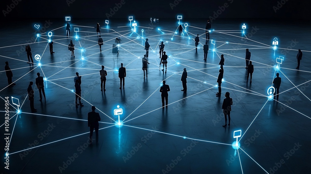 Aufkleber Silhouetted Professionals Linked Through Glowing Network Lines and Dots Symbolizing Modern Technological Advancements in the Corporate Workforce