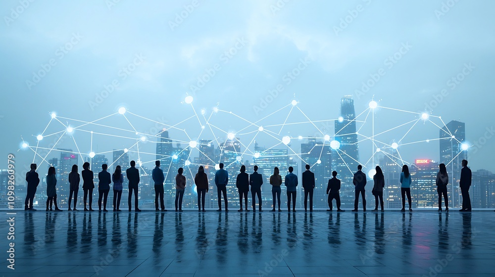 Aufkleber diverse silhouetted professionals linked through a glowing network of lines and dots symbolizing the