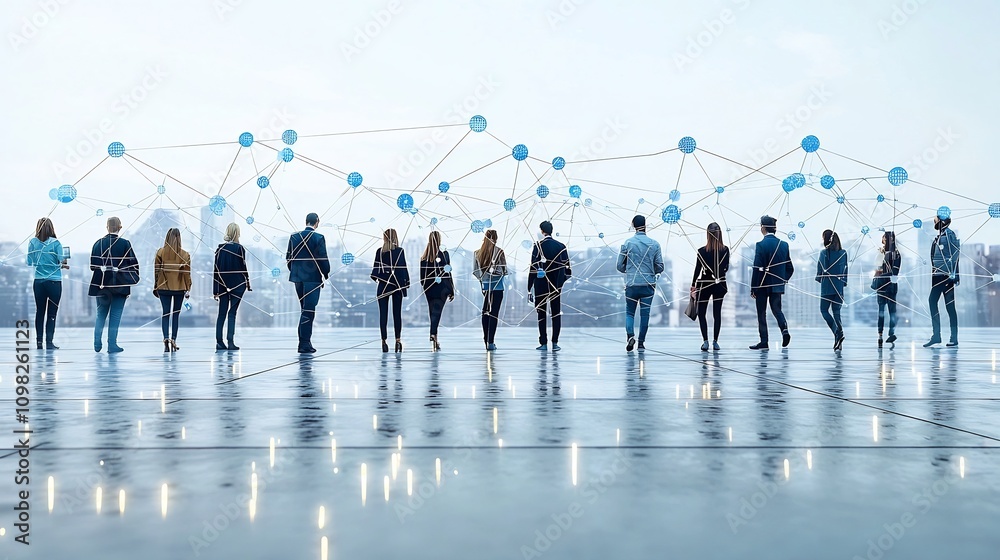 Aufkleber vibrant business silhouette network connected by luminous lines and dots representing the diversity 