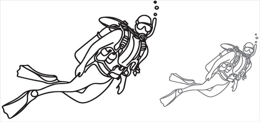 single line art scuba divers on white background vector illustration