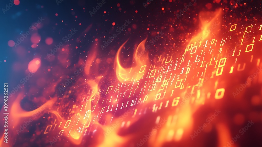 Poster a digital representation of binary code intertwined with flames, symbolizing technology and intensit