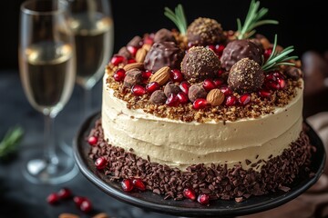 Tasty cake with chopped nuts on the sides and topped with pomegranate seeds, rosemary sprigs, and truffle like balls coated in crushed nuts on a stand against a table, with space for text. 