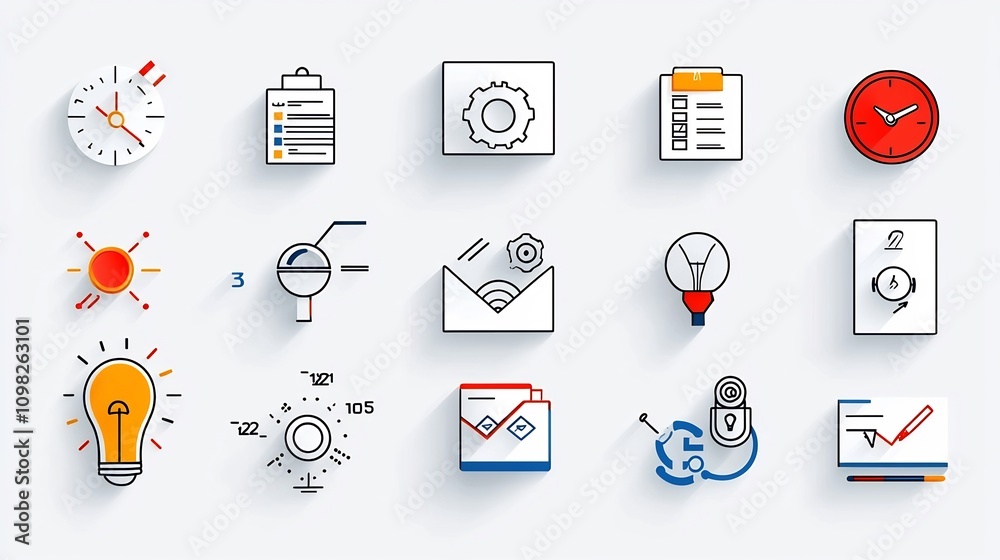 Fototapete Minimal line icon set illustrating various project management elements including workflow optimization goal setting data visualization
