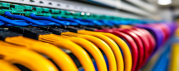 Fiber optic performance concept. Colorful network cables connected in data center, showcasing technology
