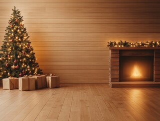 Christmas Interior with Fireplace and Decorated Tree