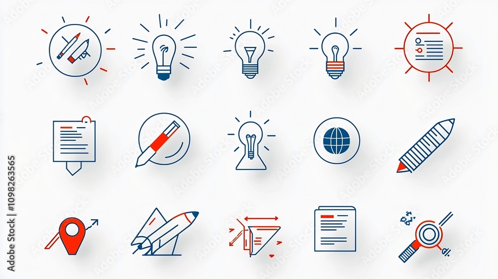 Fototapete A set of minimalistic thin line icons depicting the key steps in project management including planning resource allocation and goal setting presented in a clean and modern style