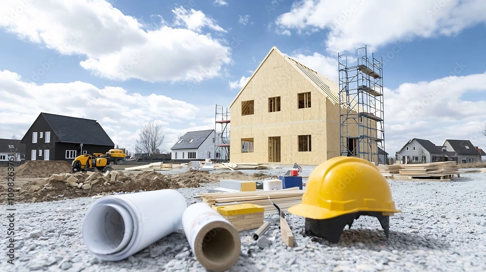 Poster unfinished wooden house structure with scaffolding surrounded by construction materials and tools in