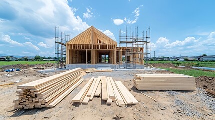 Unfinished wooden house structure with scaffolding in a tranquil rural countryside setting surrounded by scattered construction materials and tools