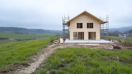 Unfinished Wooden House Structure with Scaffolding and Tools Set Against Serene Countryside Backdrop at Remote Rural Construction Site