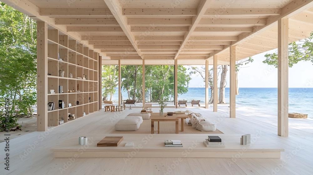 Poster close up view of an intricate wooden skeleton frame of a modern house under construction showcasing 