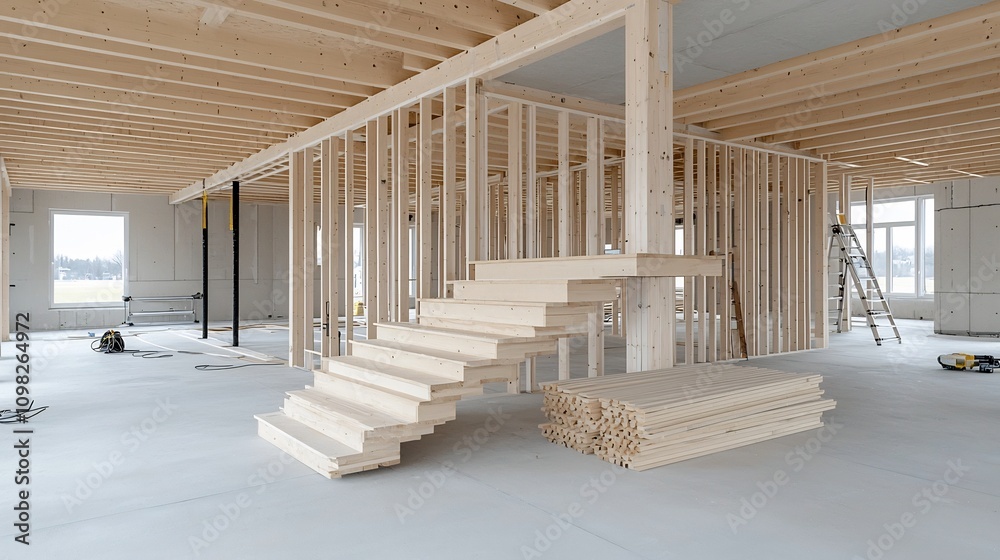 Aufkleber Detailed close up view of the intricate wooden support structure and framework of a modern house under construction showcasing the precision and craftsmanship involved in the building process