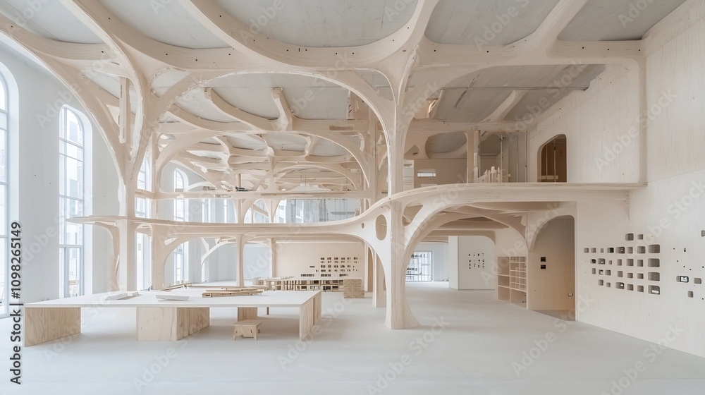 Poster Close up perspective showcasing the intricate wooden beams forming the precise framework of a modern house under construction in a clean and minimalist setting  The image highlights the craftsmanship