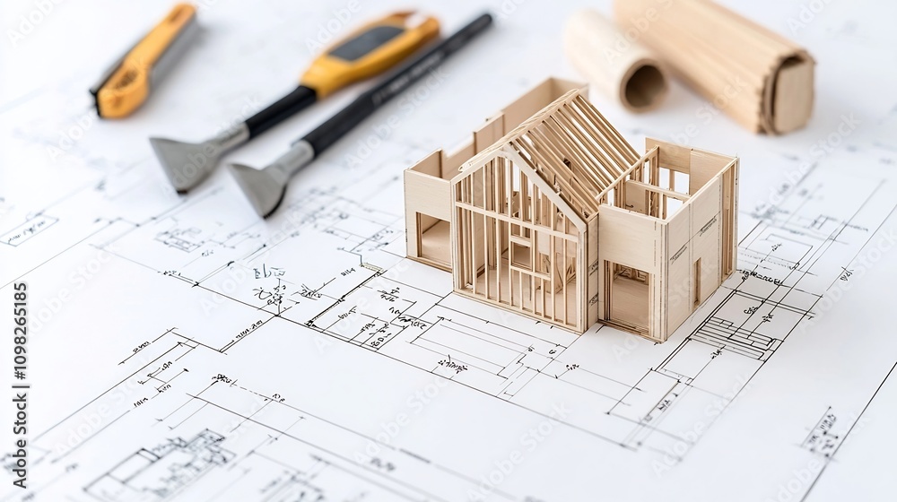 Poster close up perspective of the intricate wooden beams forming the framework of a modern house under con