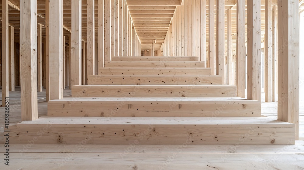 Poster close up view of the intricate wooden frame and support beams of a house under construction highligh
