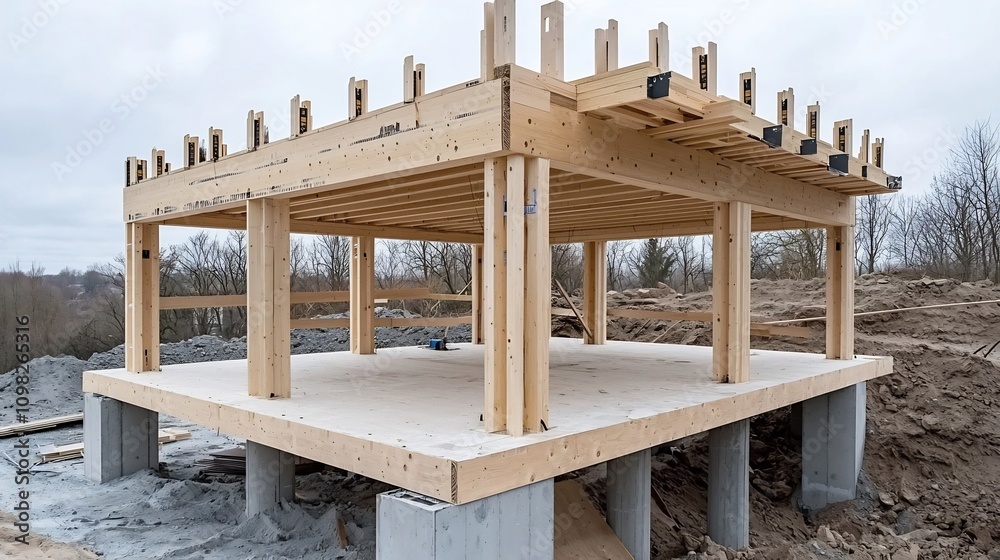 Aufkleber closeup view highlighting the intricate wooden frame and support beams of a modern house under const