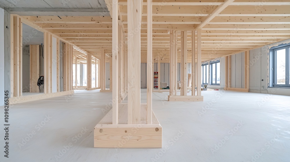 Poster Close up view showcasing the intricate wooden skeleton frame and structural beams that form the foundation of a contemporary house under construction