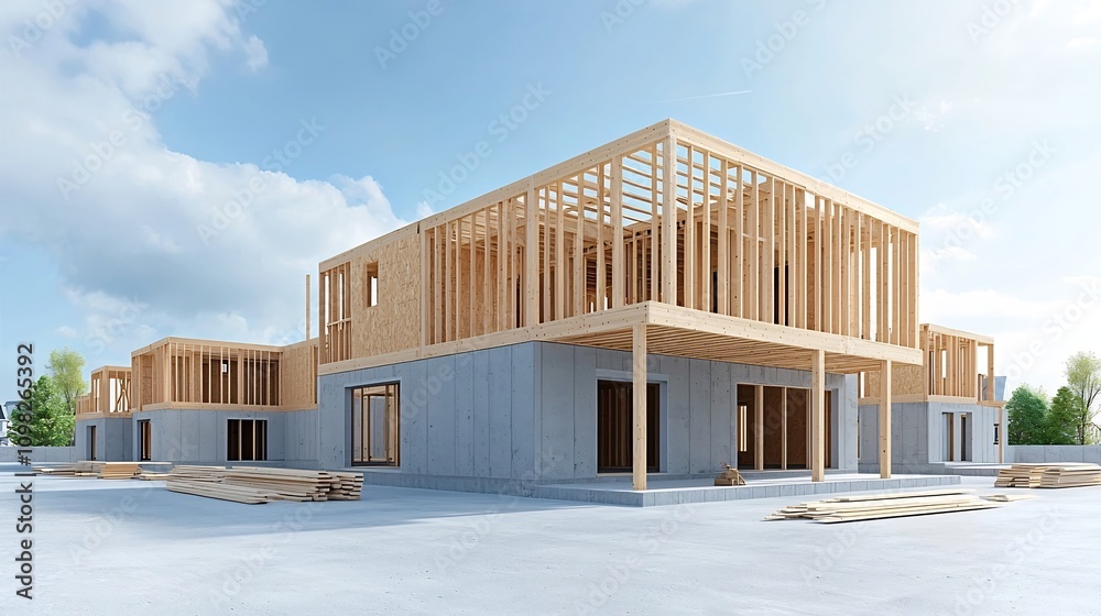 Poster Close up view of the intricate timber frame and structural beams forming the wooden skeleton of a modern house under construction