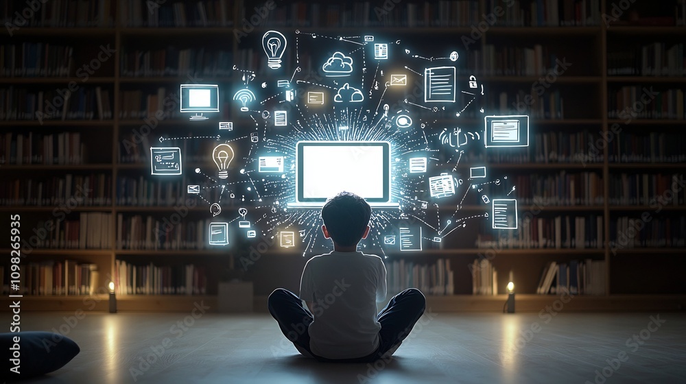 Leinwandbilder young student sitting in a warm wooden library setting intently focused on the glowing screen of the