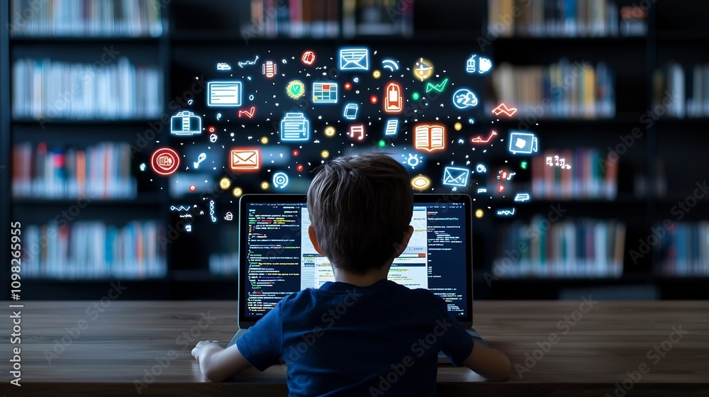 Aufkleber Curious young student sitting in a cozy wooden library setting facing a glowing laptop screen with educational icons and symbols floating in the air symbolizing the power of technology in learning and