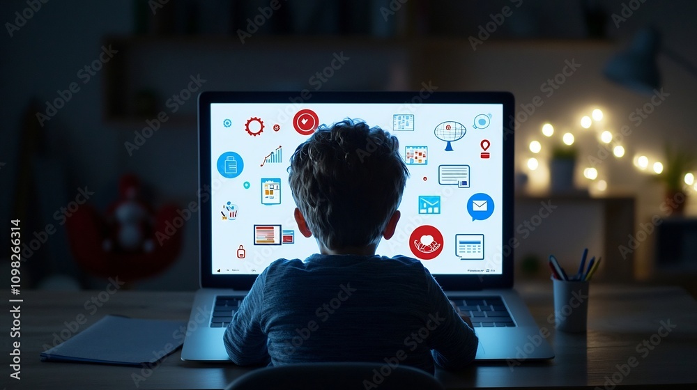 Aufkleber young student engaged in distance learning facing a floating laptop screen displaying bright educati