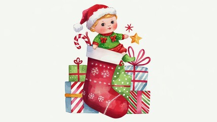 Festive Christmas scene with gifts and stocking featuring a cheerful child in Santa attire.