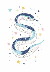 Obraz premium Colorful snake illustration surrounded by whimsical stars, featuring shades of blue and white, perfect for playful themes in design and creativity