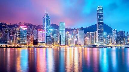 Obraz premium A modern city skyline with towering buildings and glowing lights reflecting off glass facades as the night deepens 