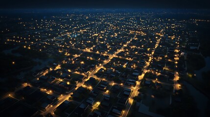 Obraz premium A wide-angle shot of a city from above at night, with streetlights outlining the roads and glowing windows in residential buildings 