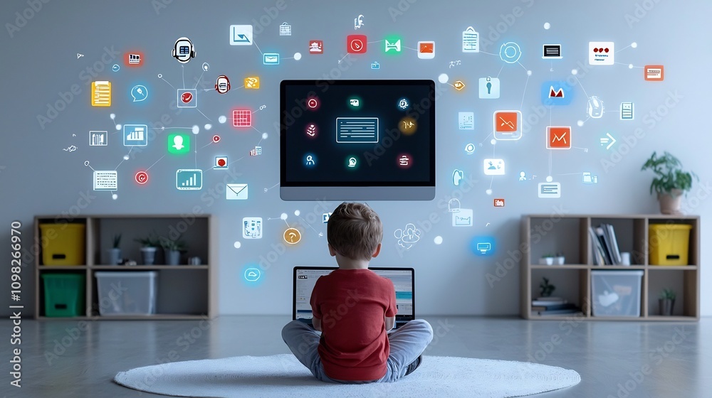 Aufkleber innovative online learning environment with a child sitting in front of a floating laptop screen glo
