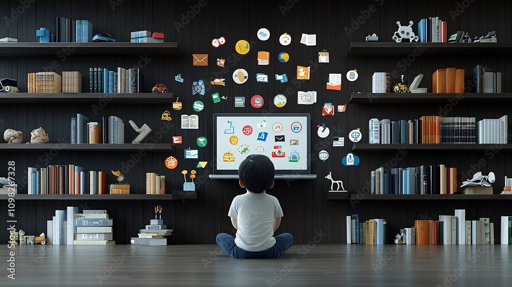 Aufkleber cartoon child sitting with their back turned looking at a floating laptop screen displaying colorful