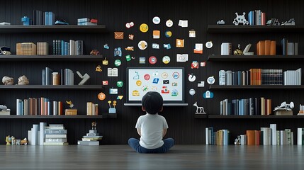 Cartoon child sitting with their back turned looking at a floating laptop screen displaying colorful educational icons surrounded by bookshelves in a dark wooden background