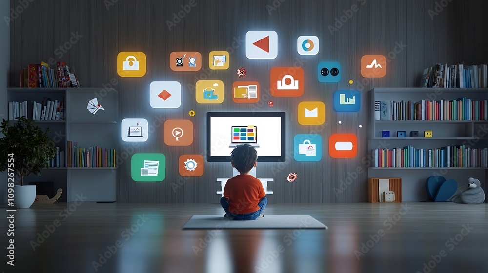Poster Cartoon child in a cozy vector style room with floating educational icons on a glowing laptop surrounded by vibrant bookshelves on dark wood walls creating a productive and creative study space