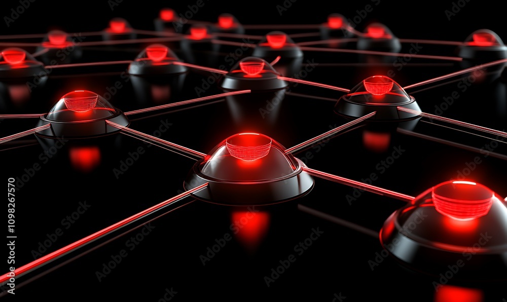 Poster a digital network structure with glowing red nodes connected by lines.